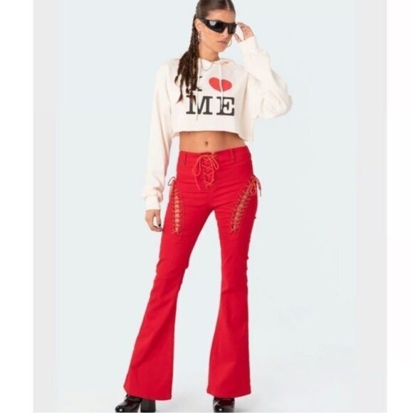 Edikted Pants - Edikted Red Lace-Up Flare Jeans FIRE ENGINE SIZE MEDIUM